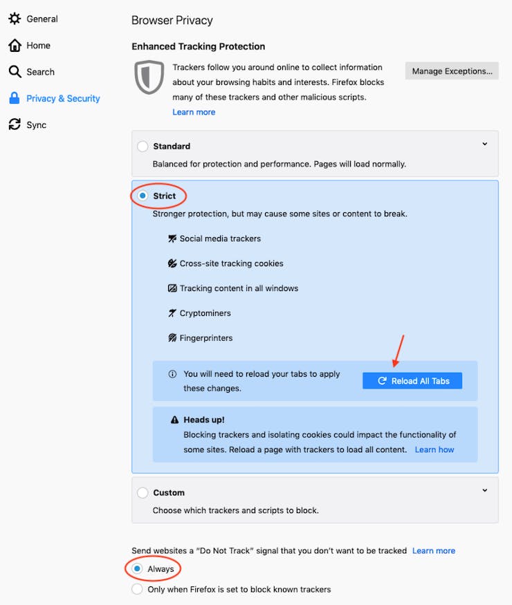 firefox settings